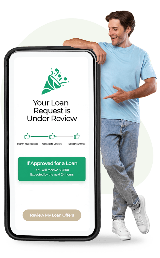 Borrower happy next to phone